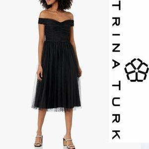 Trina Turk Renai Black Tulle Cocktail Midi Dress